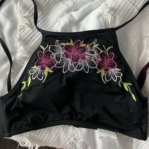 Black floral halter bikini top